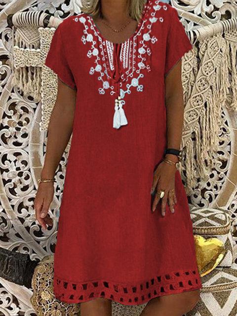 Crew Neck Blue Women Summer Dresses Shift Date Cotton Dresses