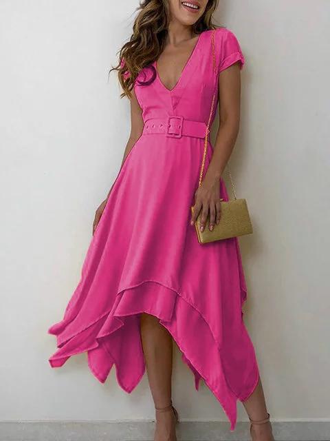 Plus Size Midi Dresses Women Summer Chiffon Solid A-Line V Neck Short Sleeve Dresses