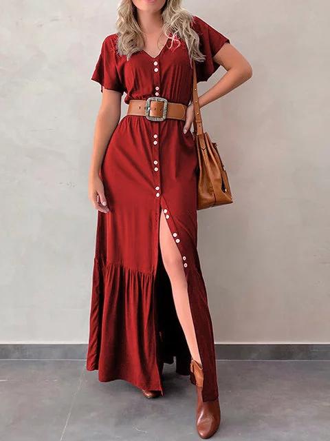 Plus Size Maxi Dresses Women Summer Solid Buttoned V Neck Short Sleeve Dresses