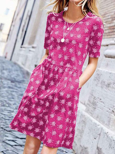 Plus Size Mini Dresses Women Summer Short Sleeve Crew Neck Printed Dresses