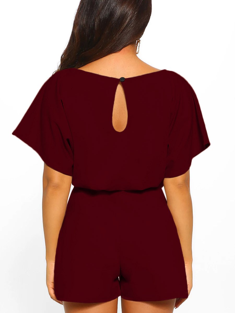 Fashion solid color belt short sleeve jumpsuit