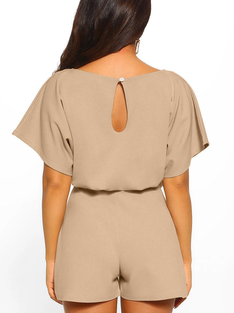 Fashion solid color belt short sleeve jumpsuit