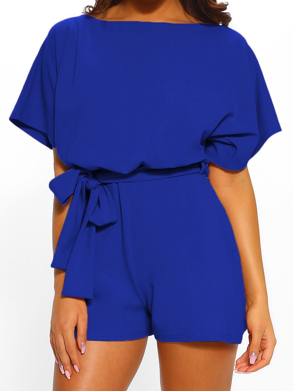 Fashion solid color belt short sleeve jumpsuit