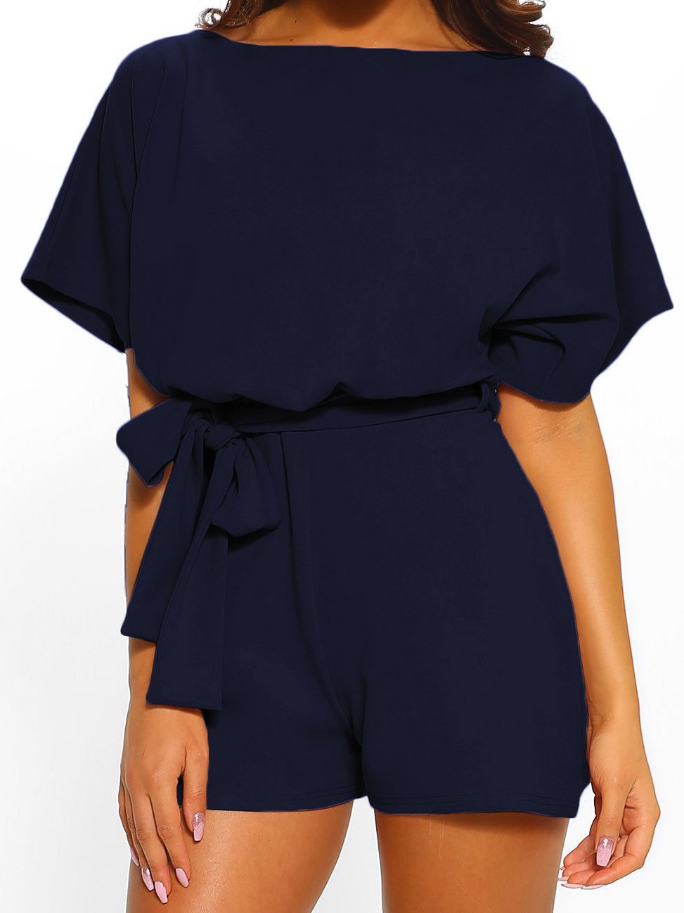 Fashion solid color belt short sleeve jumpsuit