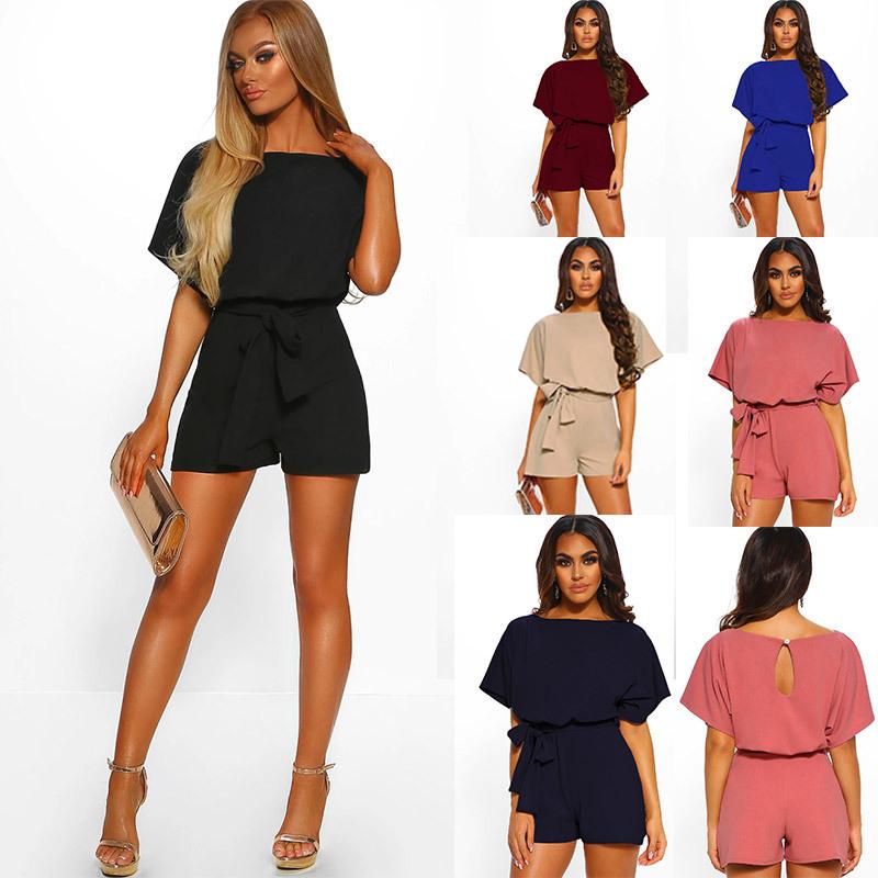 Fashion solid color belt short sleeve jumpsuit