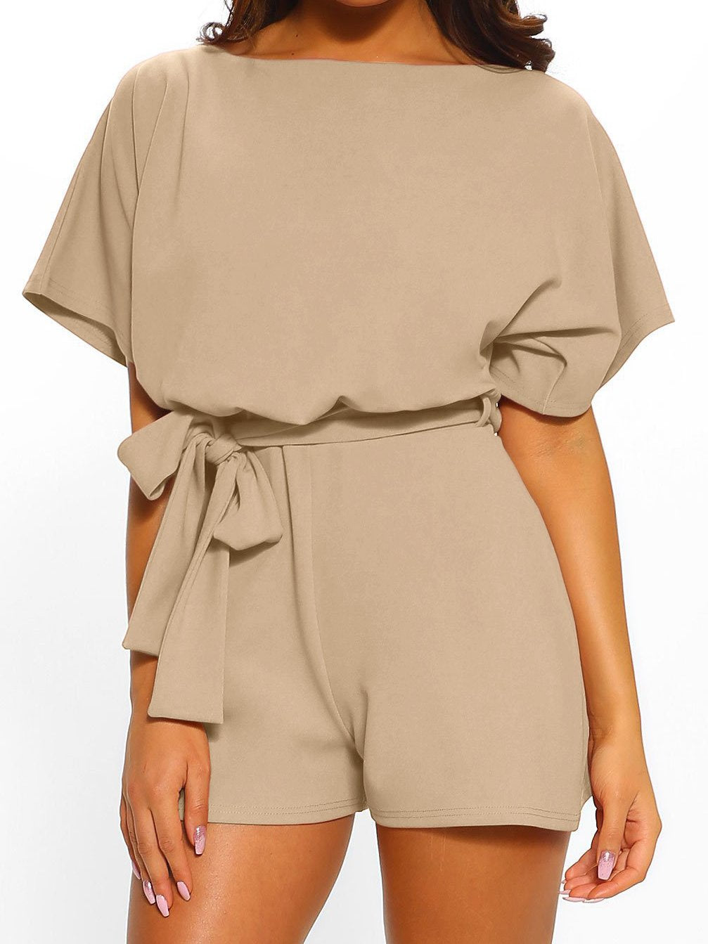 Fashion solid color belt short sleeve jumpsuit