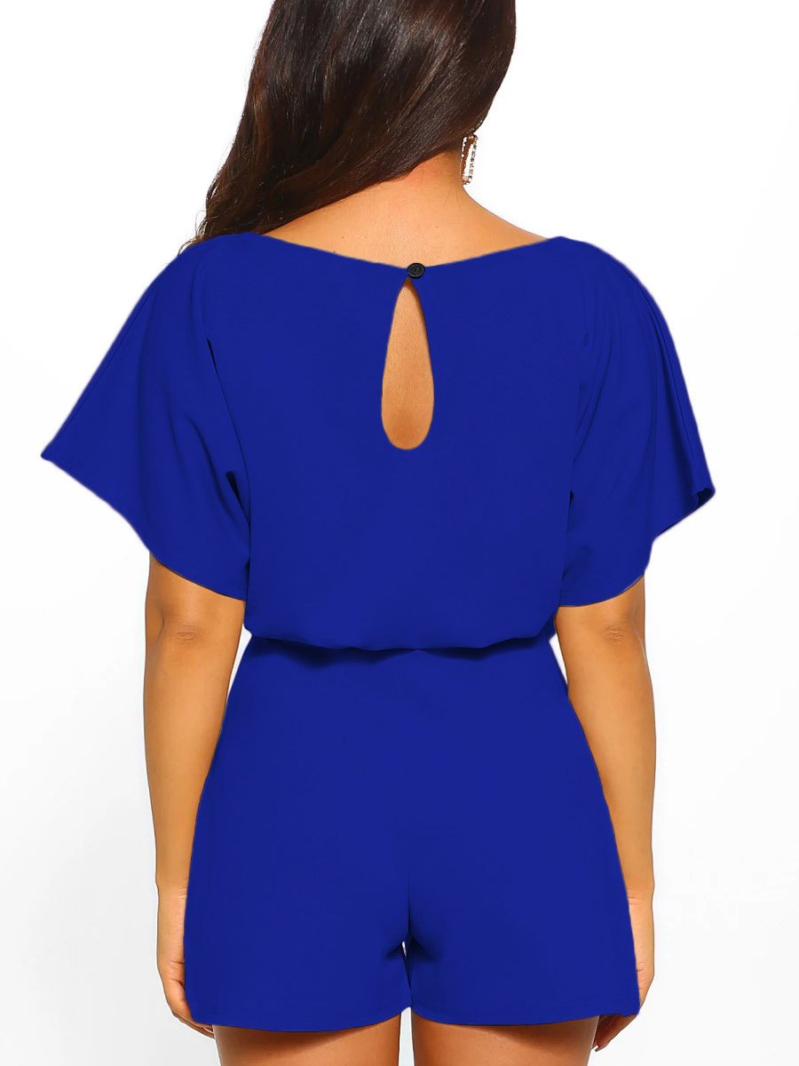 Fashion solid color belt short sleeve jumpsuit