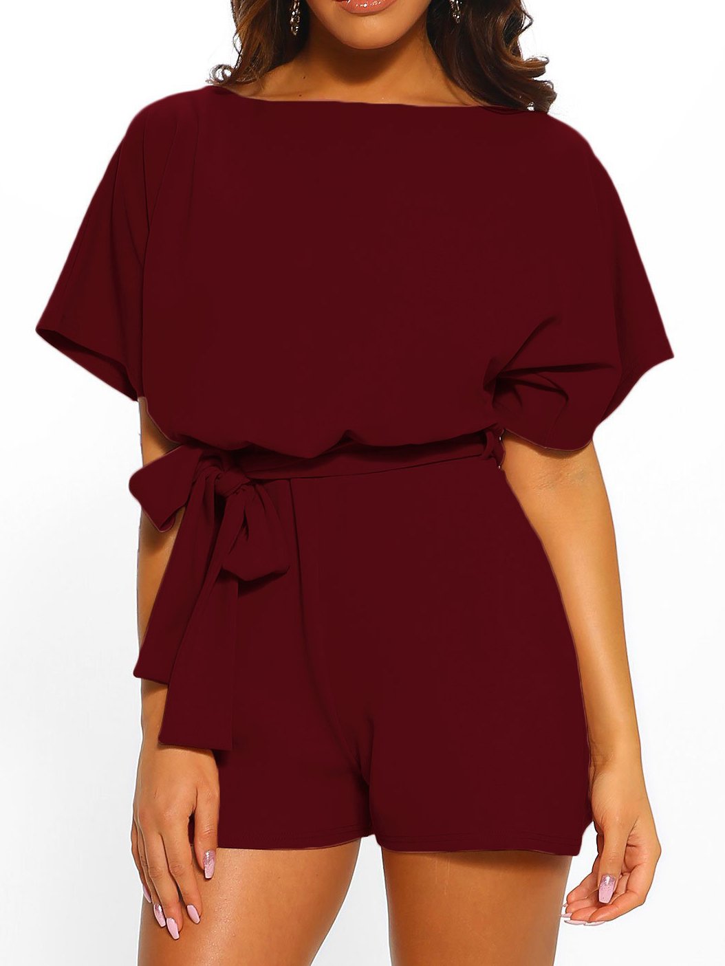 Fashion solid color belt short sleeve jumpsuit