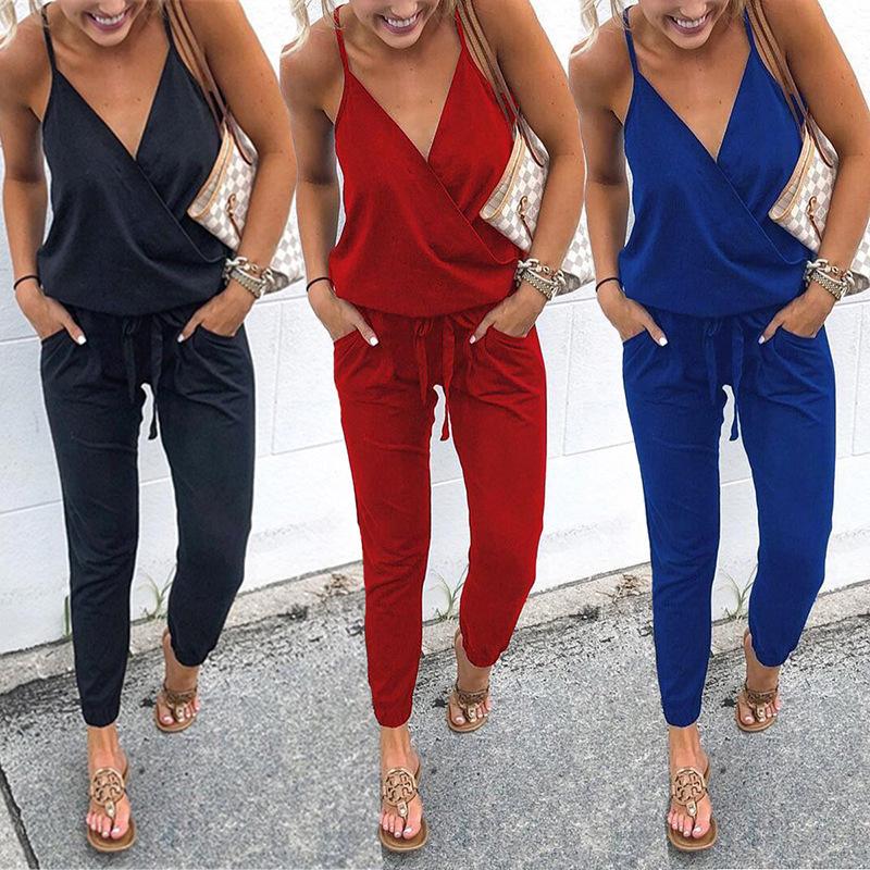 Casual lace-up pocket halter strap female jumpsuit
