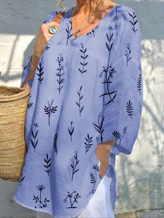 V-neck long-sleeved flower female T-shirt