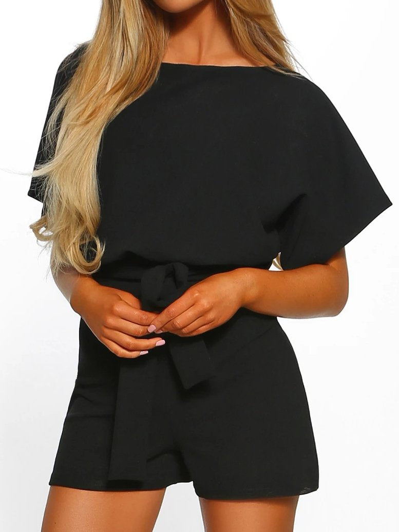 Fashion solid color belt short sleeve jumpsuit