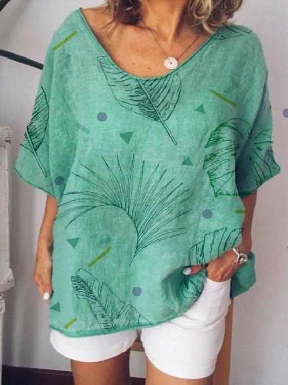 Casual Loose Leaf Print V-neck Short Sleeve Woman T-Shirt