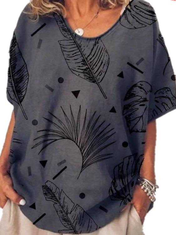 Casual Loose Leaf Print V-neck Short Sleeve Woman T-Shirt