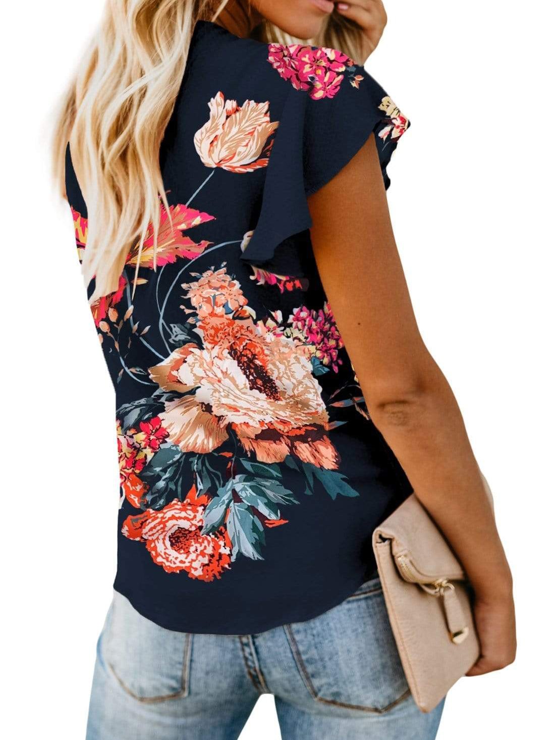 European and American printed large V-neck tops flying sleeves t-shirt