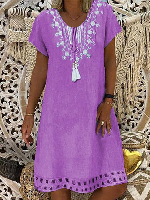 Crew Neck Blue Women Summer Dresses Shift Date Cotton Dresses