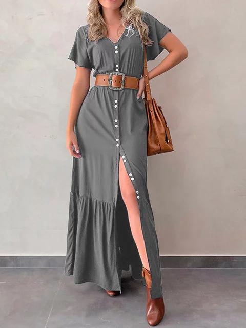 Plus Size Maxi Dresses Women Summer Solid Buttoned V Neck Short Sleeve Dresses
