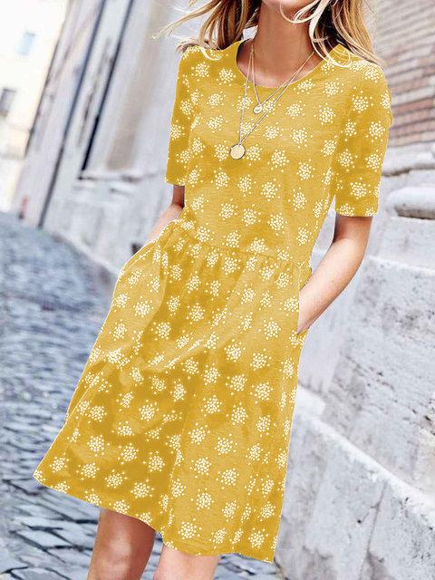 Plus Size Mini Dresses Women Summer Short Sleeve Crew Neck Printed Dresses