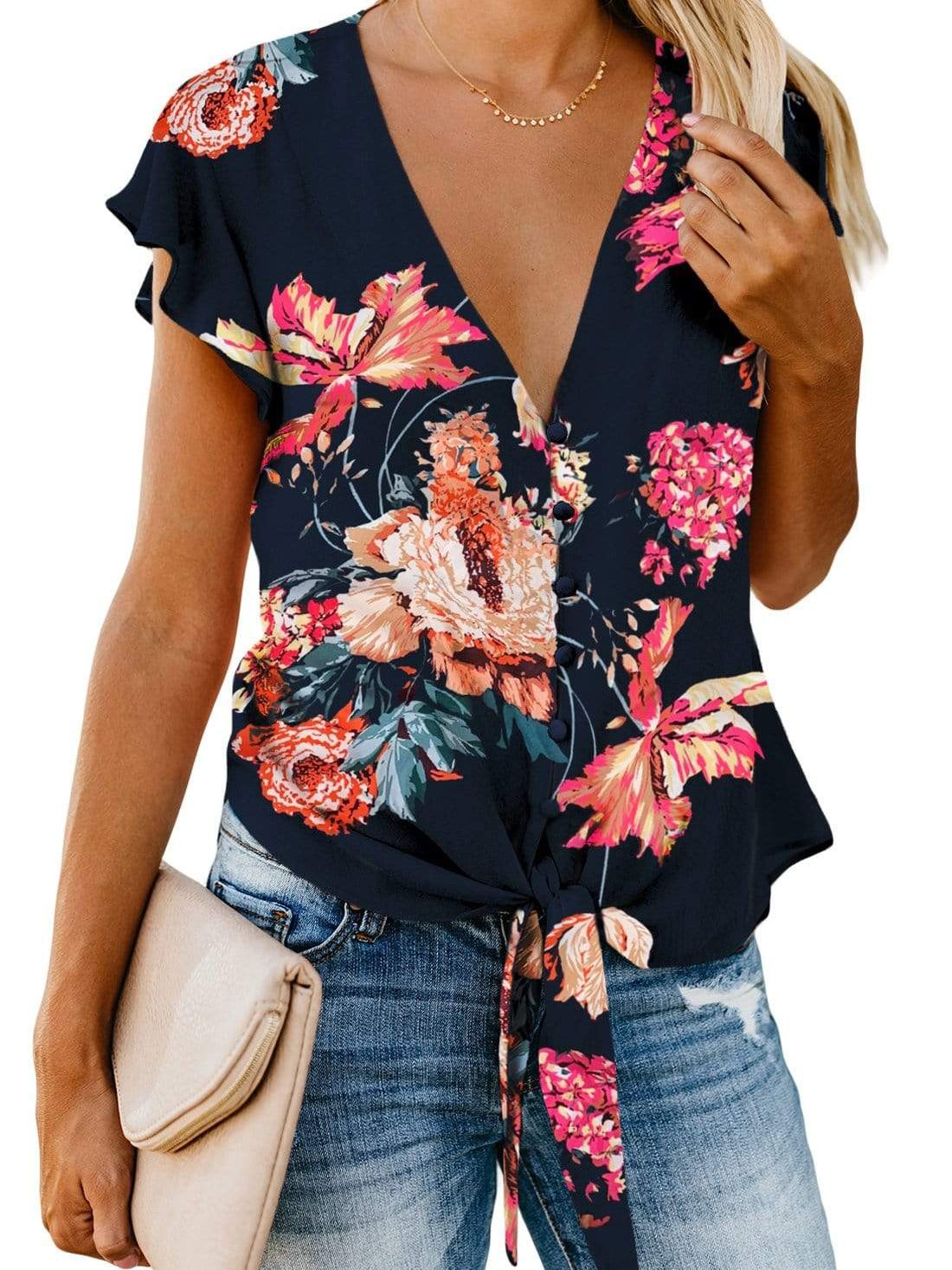 European and American printed large V-neck tops flying sleeves t-shirt