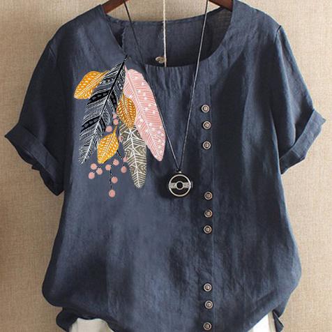 Vintage cotton and linen printed loose casual shirt women