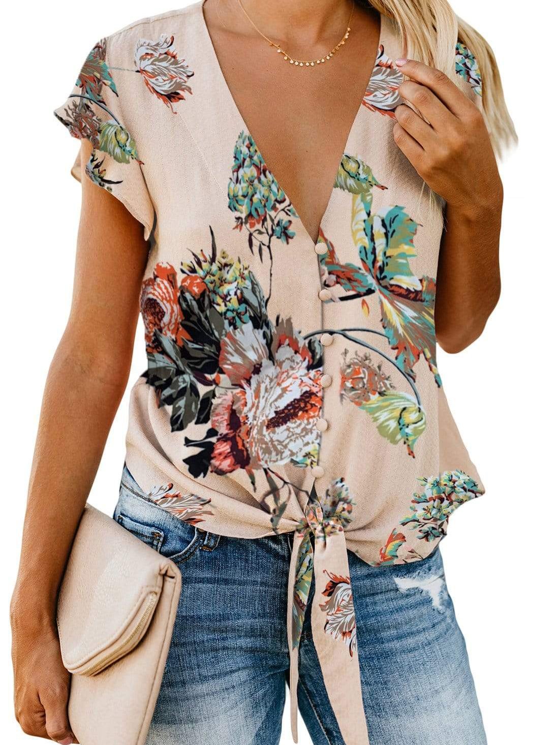 European and American printed large V-neck tops flying sleeves t-shirt