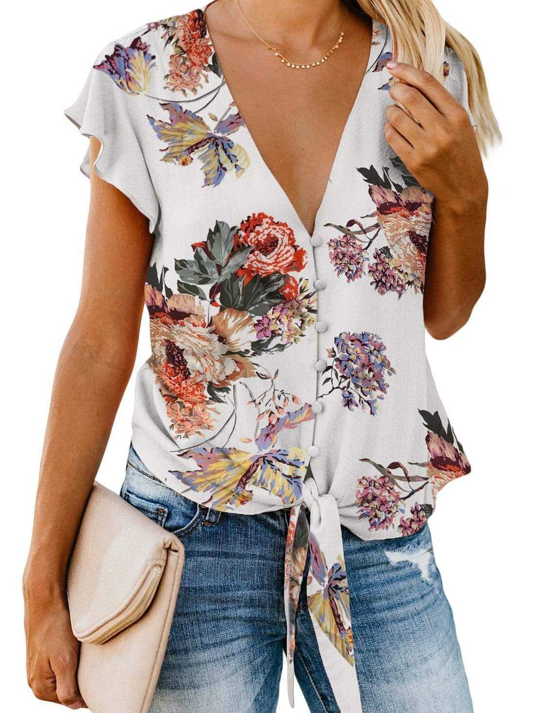 European and American printed large V-neck tops flying sleeves t-shirt