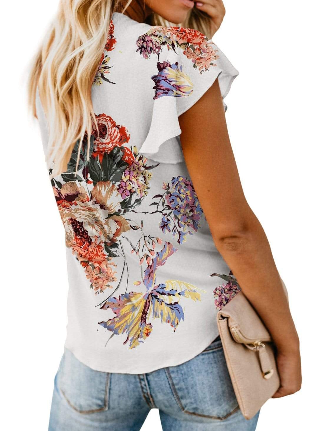 European and American printed large V-neck tops flying sleeves t-shirt