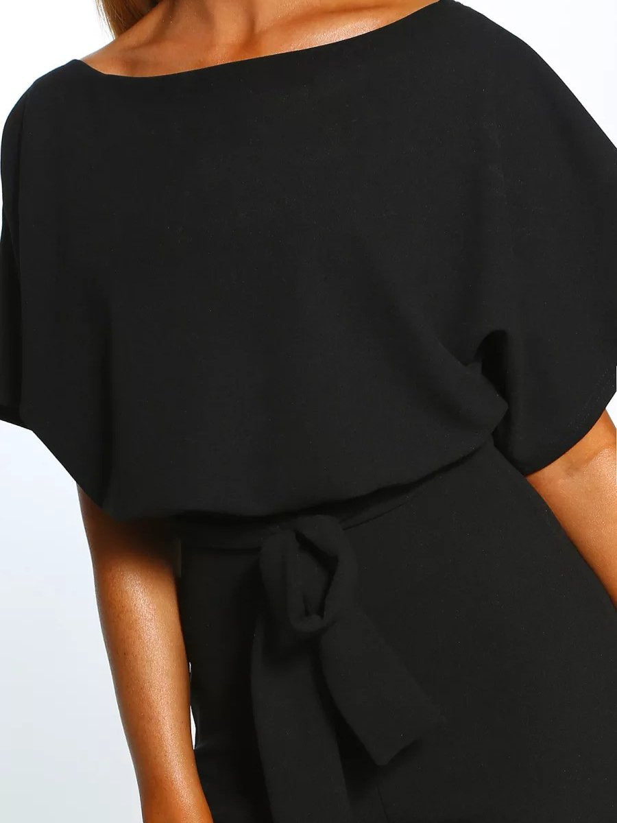 Fashion solid color belt short sleeve jumpsuit