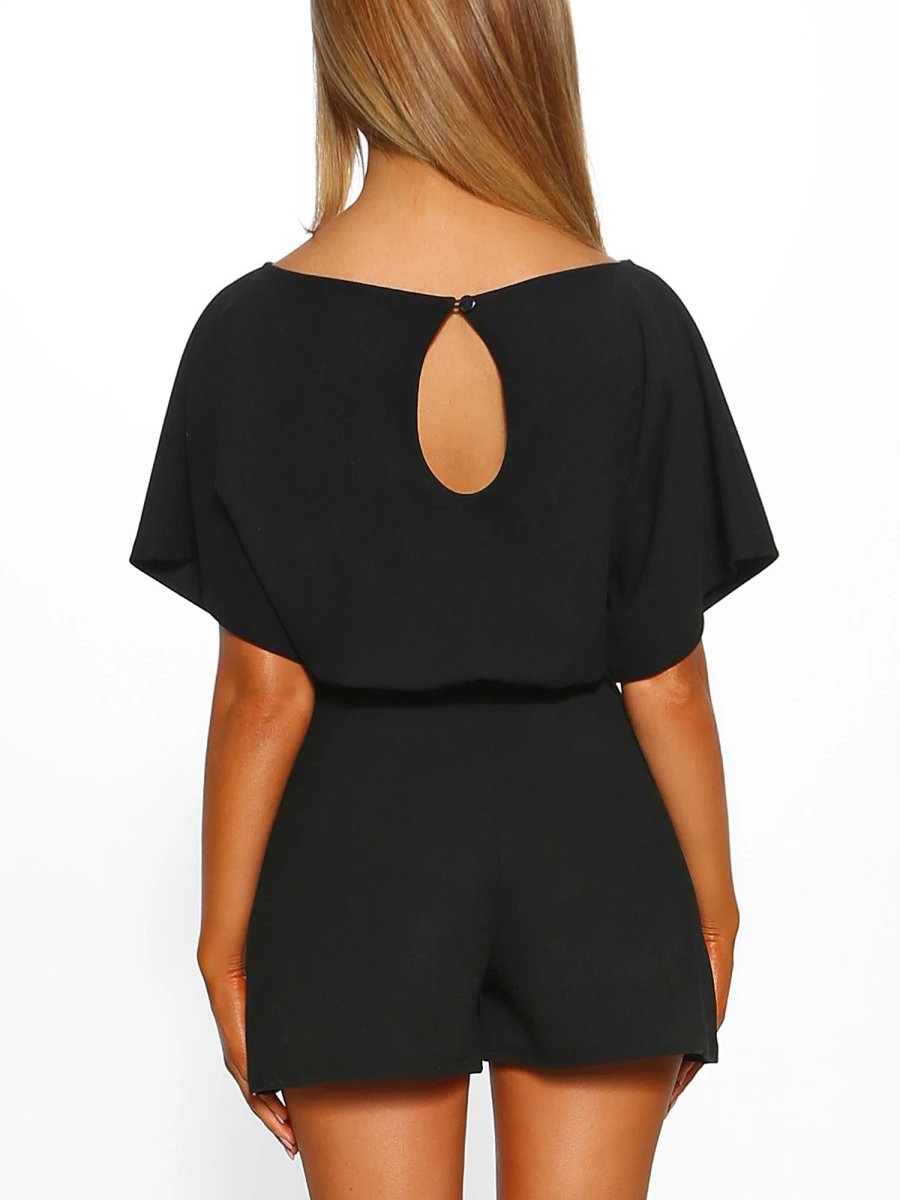 Fashion solid color belt short sleeve jumpsuit