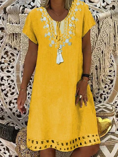 Crew Neck Blue Women Summer Dresses Shift Date Cotton Dresses