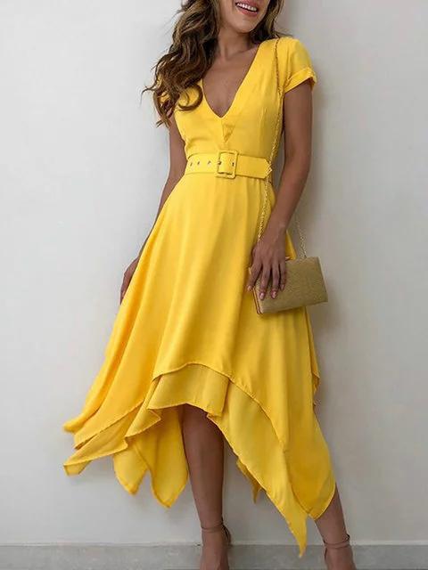Plus Size Midi Dresses Women Summer Chiffon Solid A-Line V Neck Short Sleeve Dresses