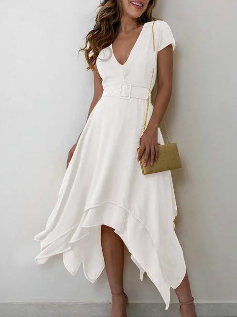 Plus Size Midi Dresses Women Summer Chiffon Solid A-Line V Neck Short Sleeve Dresses