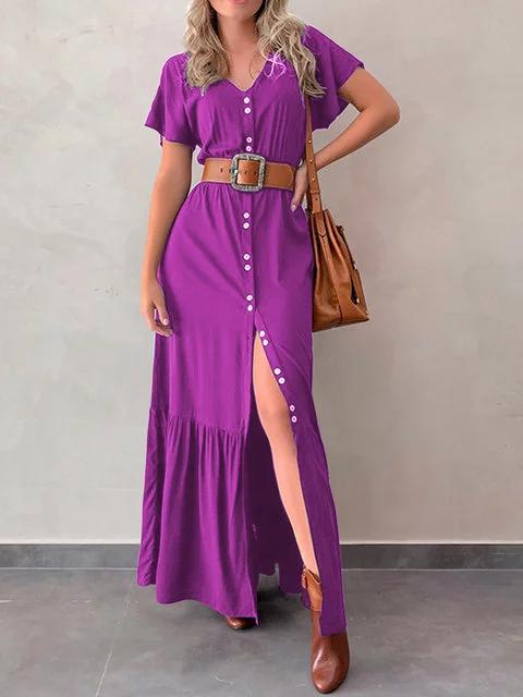 Plus Size Maxi Dresses Women Summer Solid Buttoned V Neck Short Sleeve Dresses