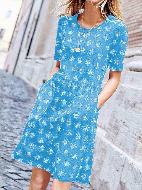 Plus Size Mini Dresses Women Summer Short Sleeve Crew Neck Printed Dresses