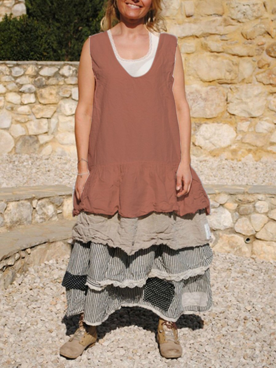 WOMEN'S CASUAL ROUND NECK SOLID STRIPES SLEEVELESS DRESSES