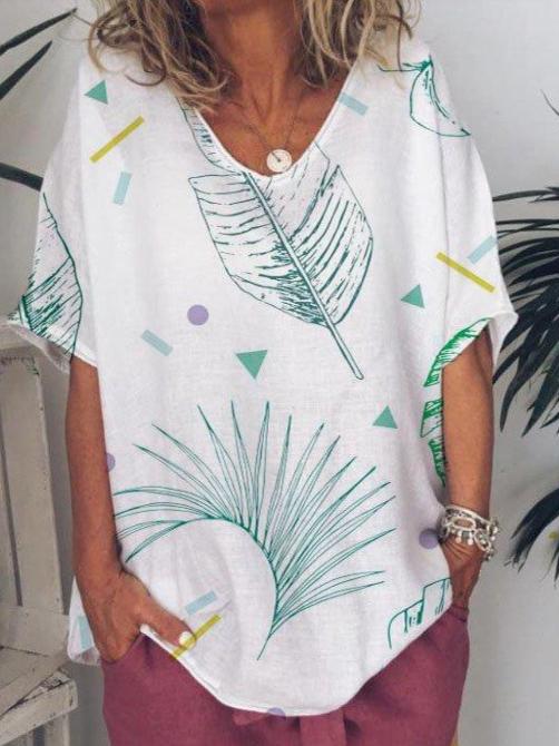 Casual Loose Leaf Print V-neck Short Sleeve Woman T-Shirt