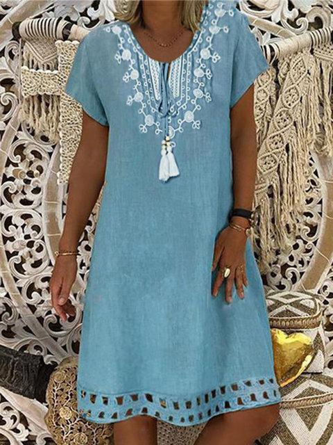Crew Neck Blue Women Summer Dresses Shift Date Cotton Dresses