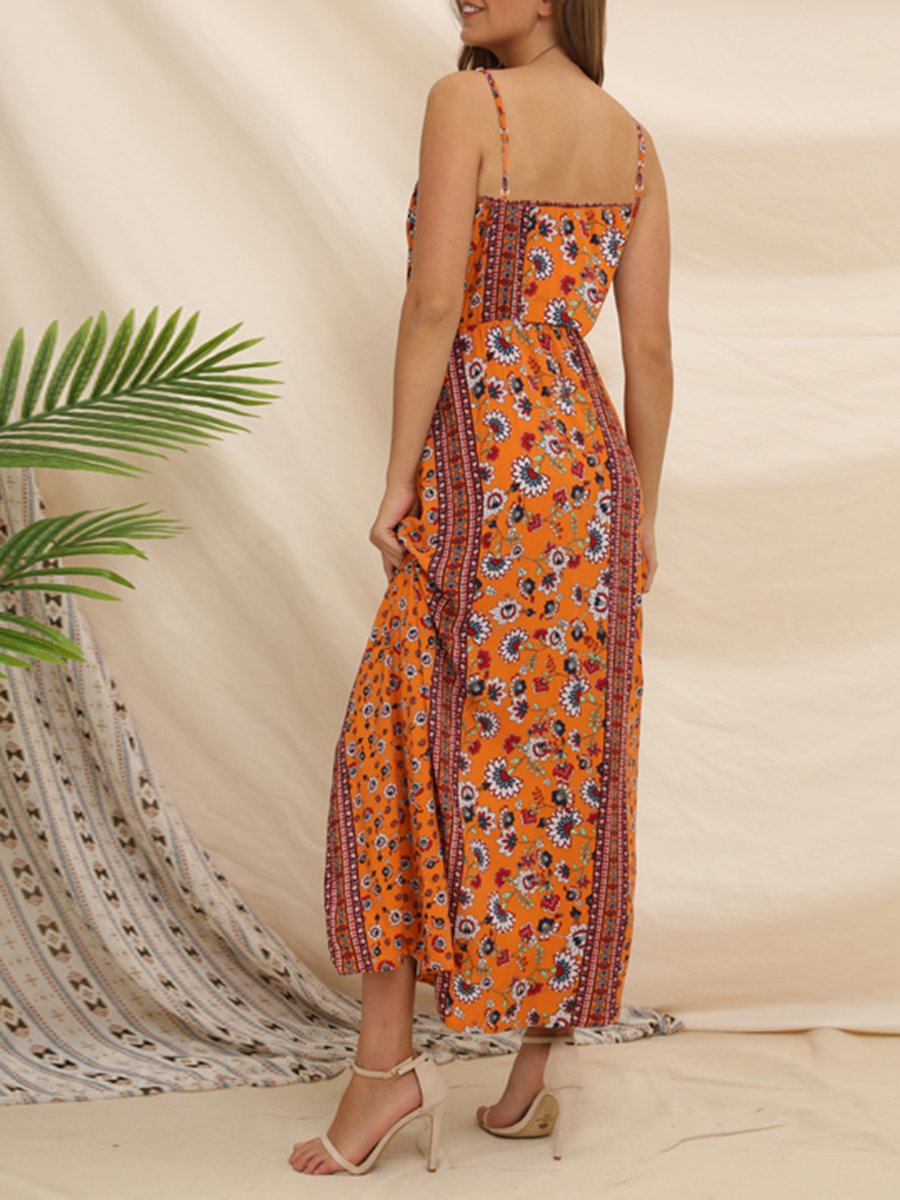 Printed V-neck Bohemian Long Dress