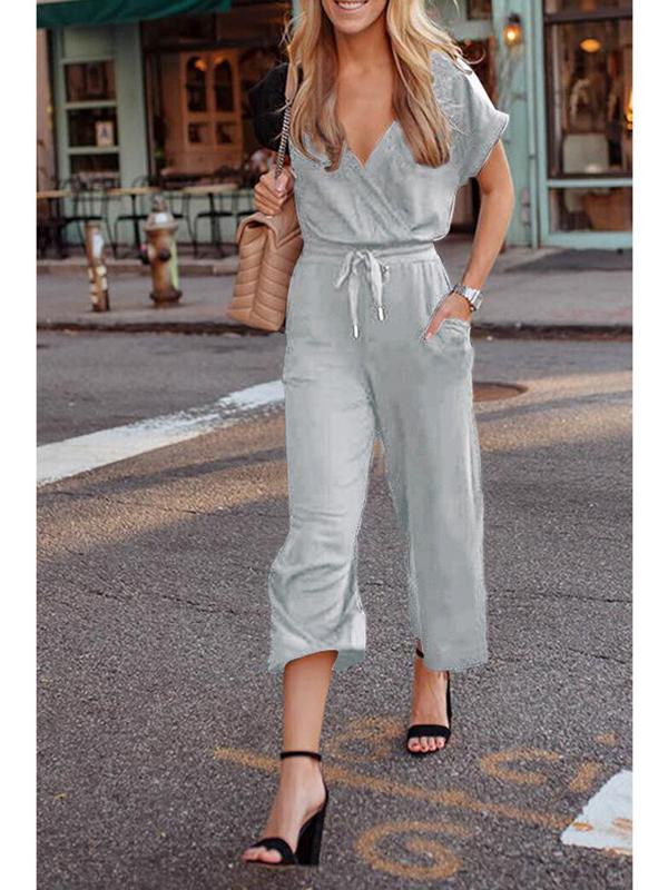 Solid color V-neck short-sleeved with pocket women's trousers jumpsuit