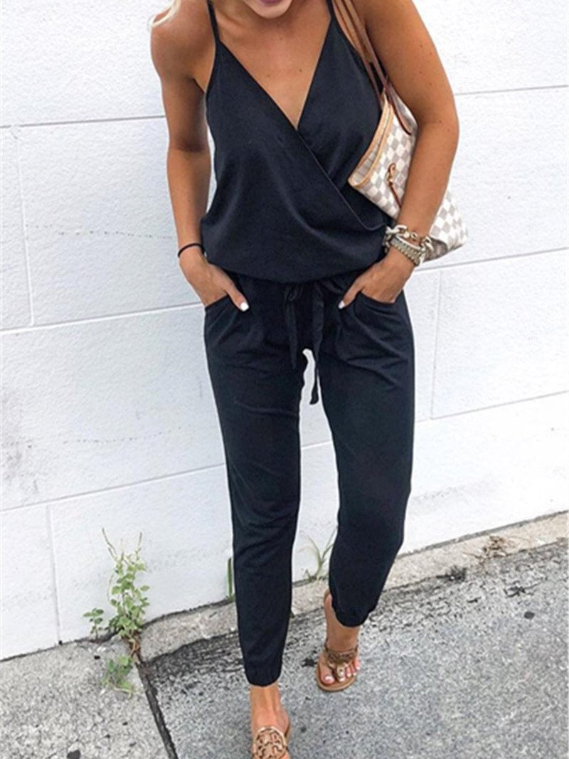 Casual lace-up pocket halter strap female jumpsuit