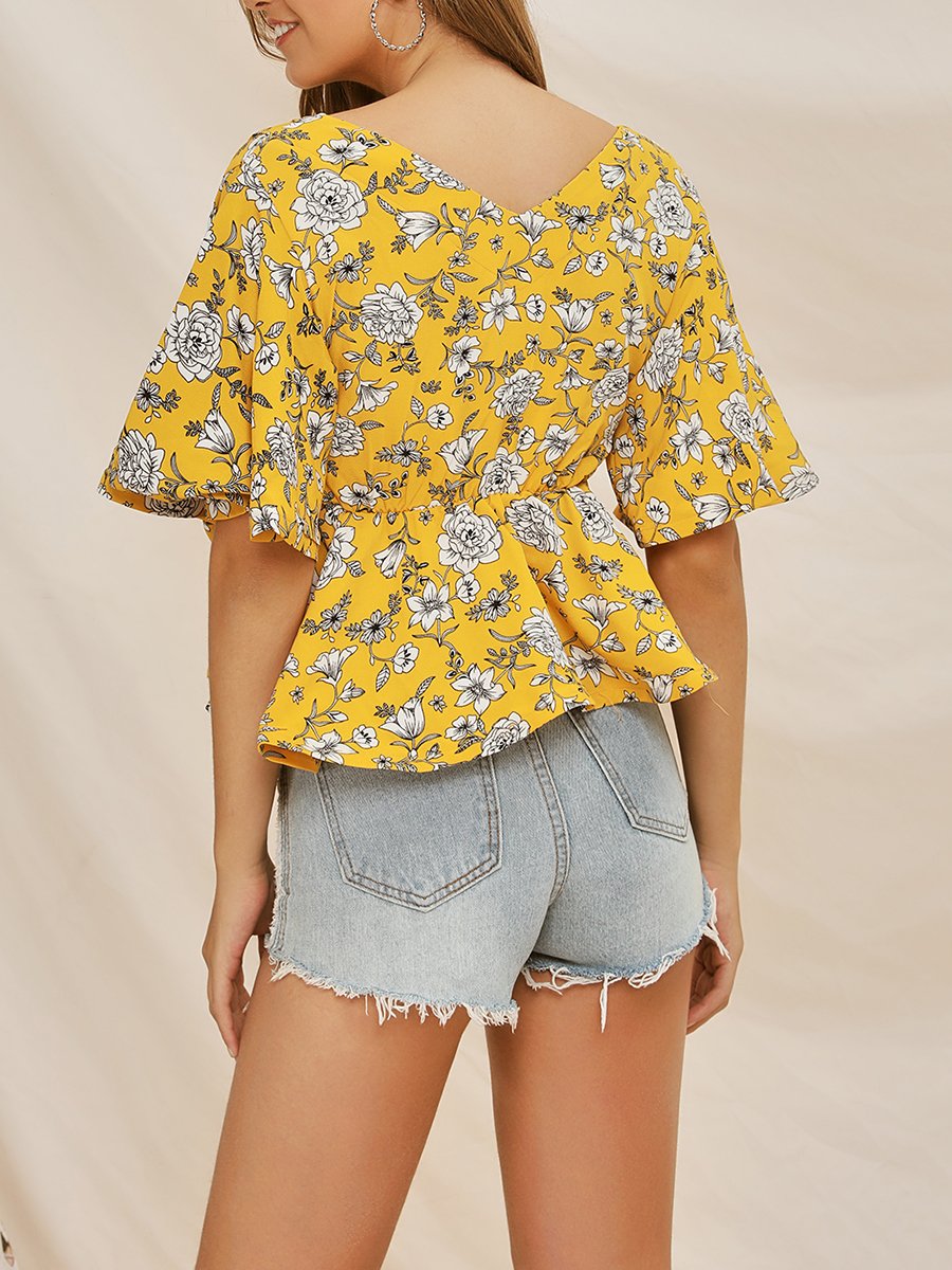V-neck Printed Short-Sleeved Blouses