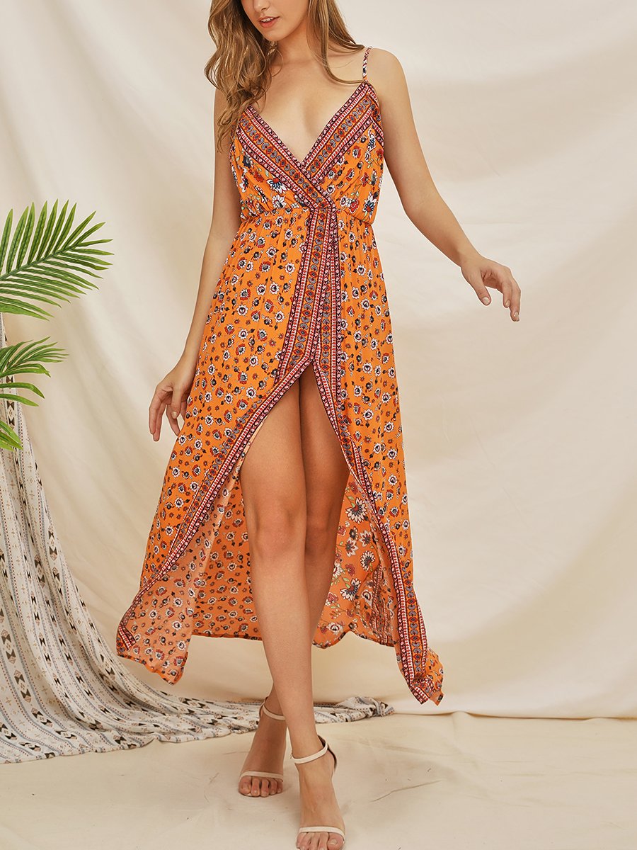 Printed V-neck Bohemian Long Dress