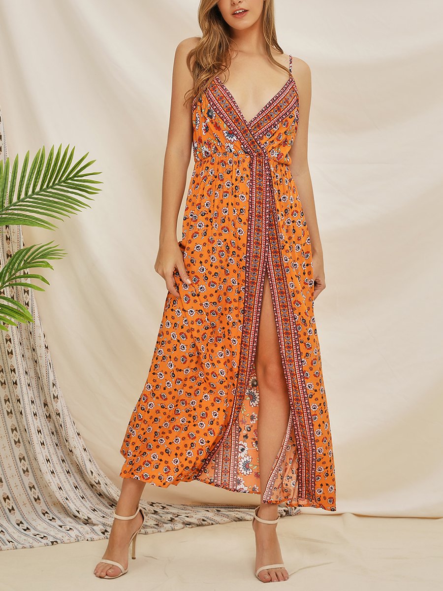Printed V-neck Bohemian Long Dress
