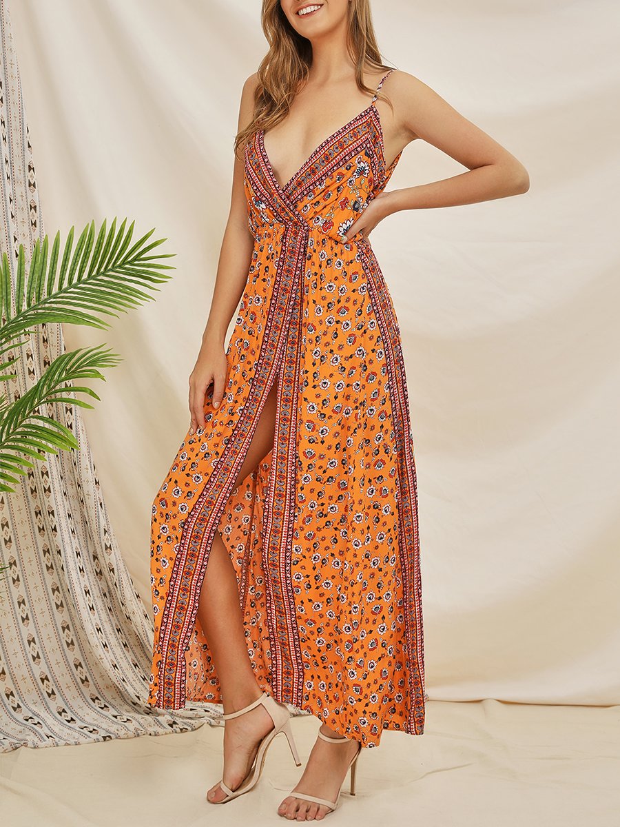 Printed V-neck Bohemian Long Dress