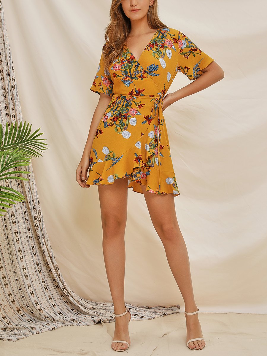 Yellow V-Neck Printed Lace Dress
