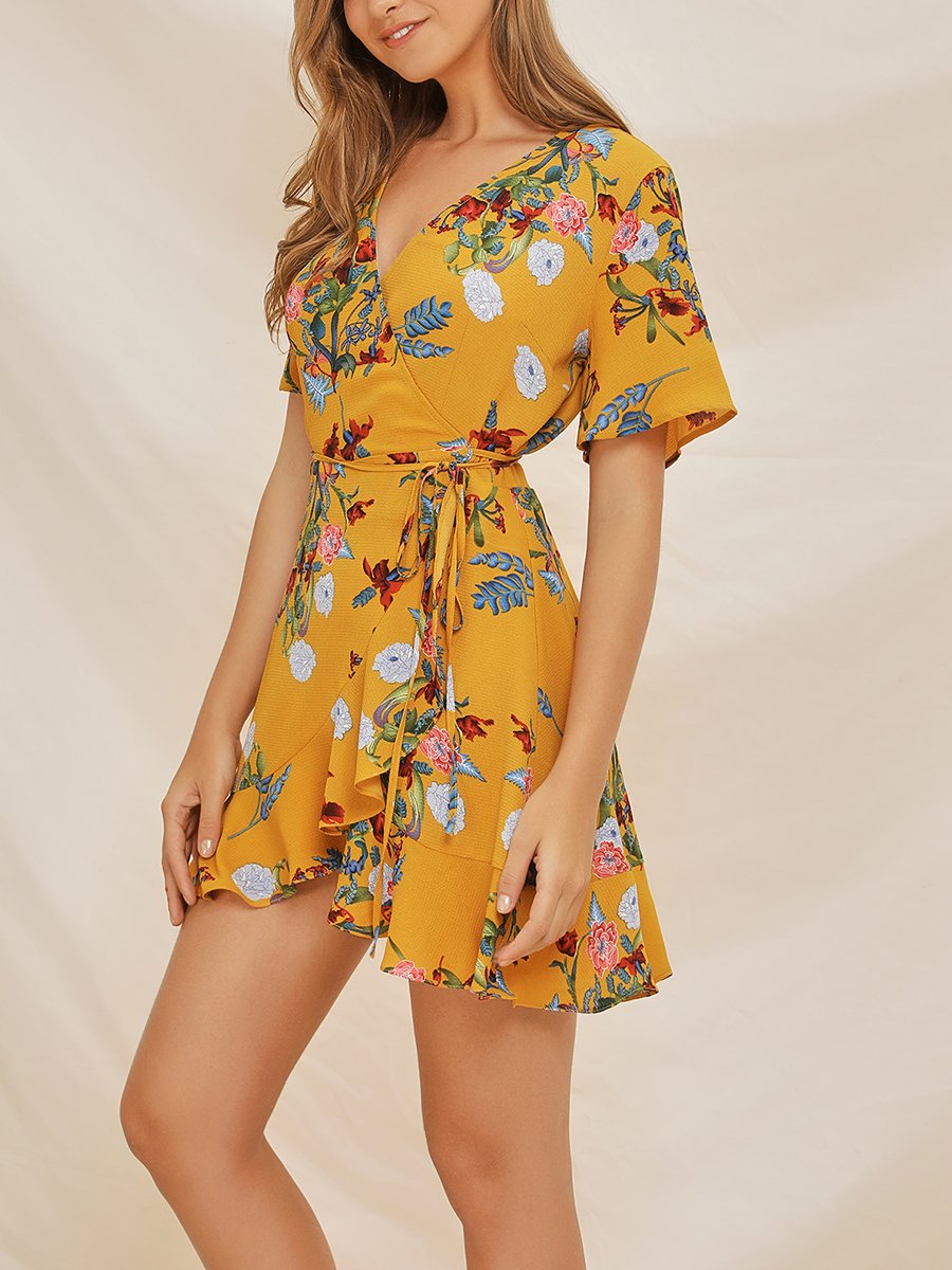 Yellow V-Neck Printed Lace Dress