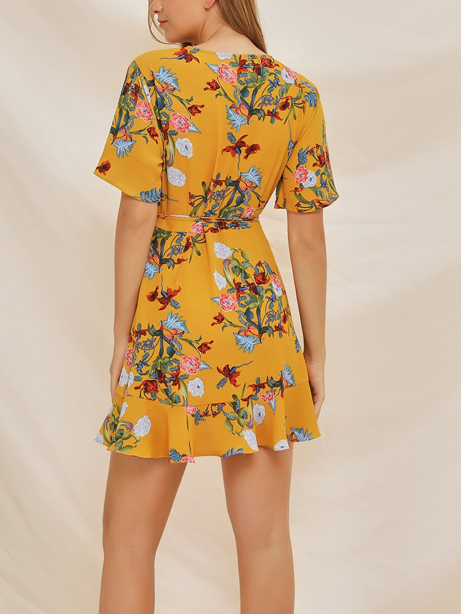 Yellow V-Neck Printed Lace Dress