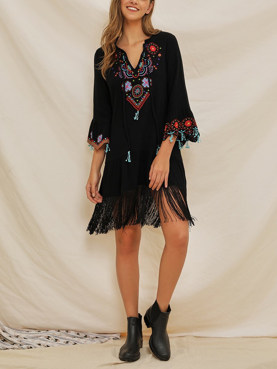 V Neck Black Shift Boho Embroidered Fringed Mini Dress
