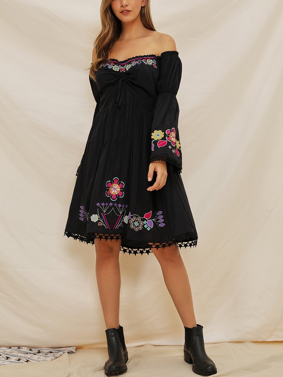 Off Shoulder Black Holiday A-Line Daily Cotton Floral Midi Dress