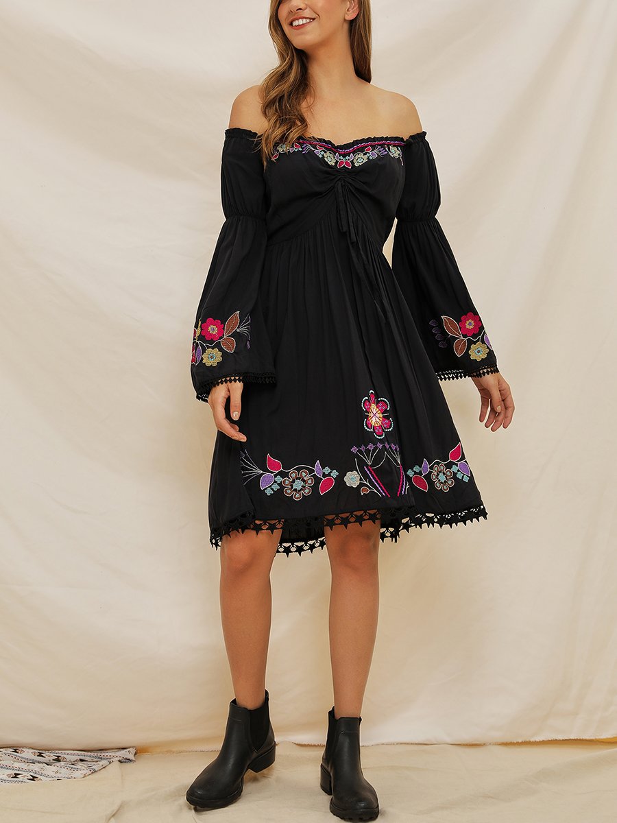 Off Shoulder Black Holiday A-Line Daily Cotton Floral Midi Dress