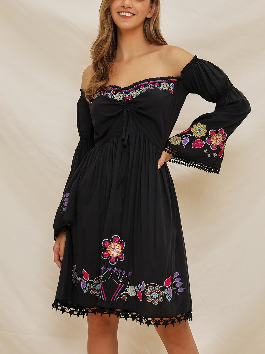 Off Shoulder Black Holiday A-Line Daily Cotton Floral Midi Dress
